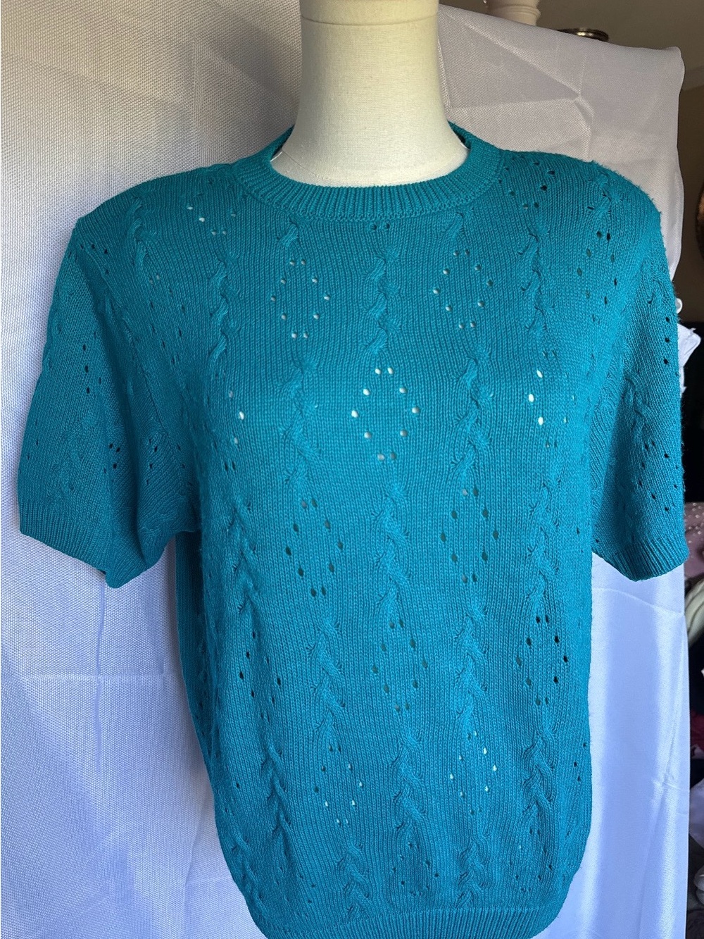 Alfred Dunner Teal Short-Sleeve Cable Knit Sweater